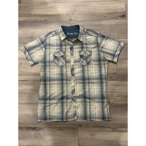 Kuhl Shirt Mens L Blue Tan Plaid Eluxur Short Sleeve Button Up Outdoor Hiking
